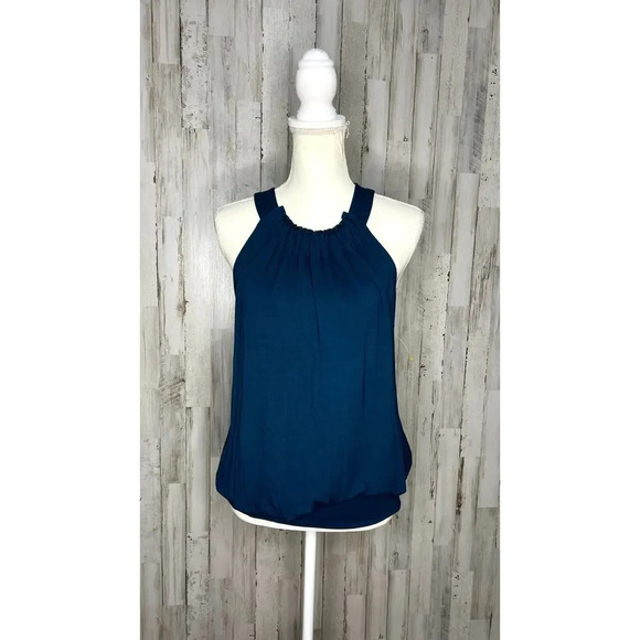 Express Women's Sleeveless Halter Blouse Blue Size S Backless Pleated - Picture 2 of 6